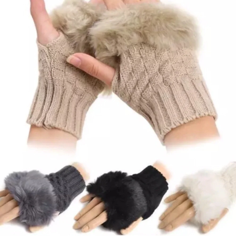 Red Faux Fur Fingerless Magic Stretchy Cropped Warm Winter Sweater Knit Gloves